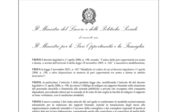 Decreto MLPS: proroga del termine al 14 ottobre per la compilazione del rapporto biennale  sulla situazione del personale maschile e femminile