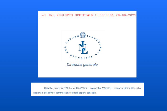 Nota INL: sentenza TAR Lazio 9974/2025 - protocollo ASSE.CO - riscontro diffida Consiglio nazionale dei dottori commercialisti e degli esperti contabili