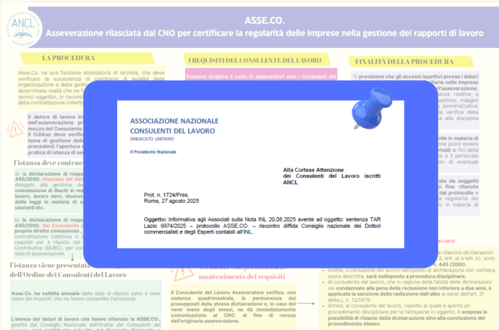 Informativa ANCL agli Associati su Nota INL (rf. sentenza TAR Lazio 9974/2025 - protocollo ASSE.CO. - riscontro diffida Consiglio nazionale dei dottori commercialisti e degli esperti contabili)